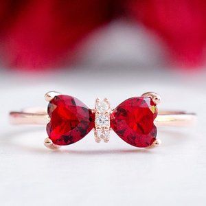 Red Ruby Heart Bow Ring, real 925 Sterling Silver Charmed Aroma Valentines